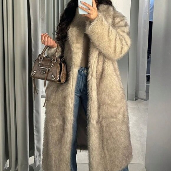 Multicolor Casual Women's Shaggy Faux Fur Lapel Collar Long Jacket - Picture 1 of 5
